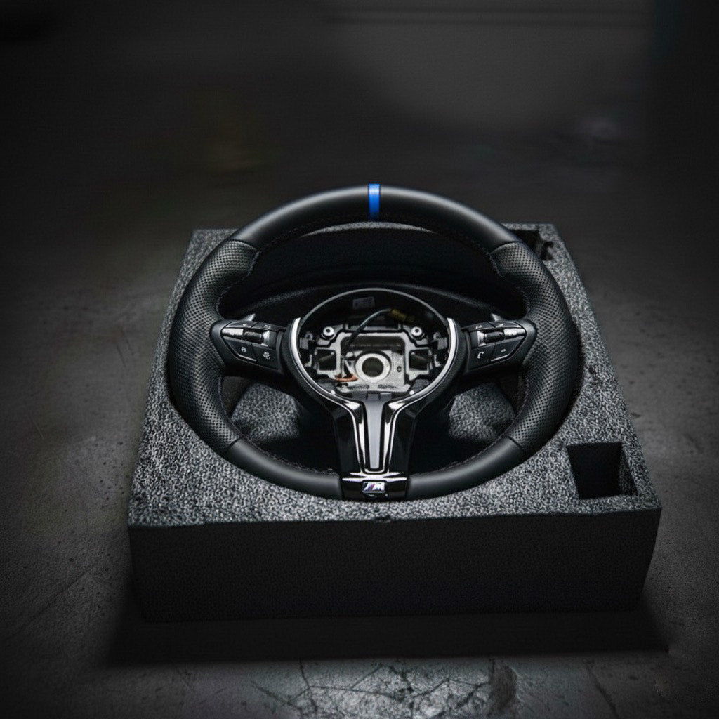 M3-Volant pour BMW M PERFORMANCE cuir perforé + repère central bleu