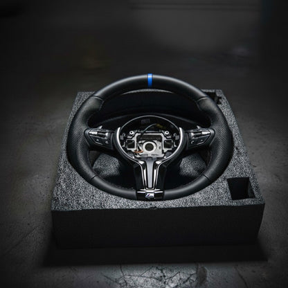 M3-Volant pour BMW M PERFORMANCE cuir perforé + repère central bleu
