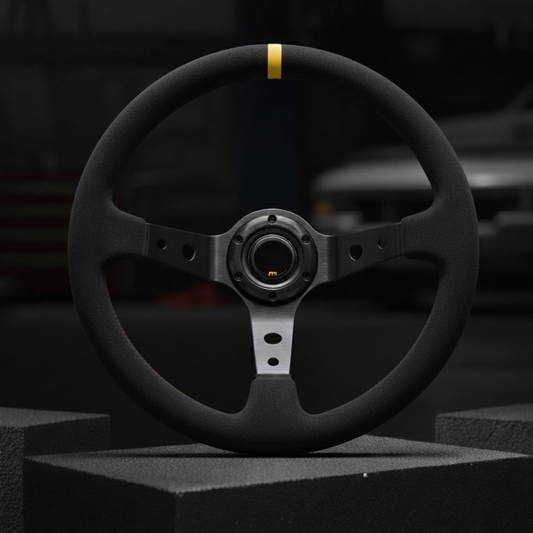 Volant drift en ALCANTARA universel + repère central jaune