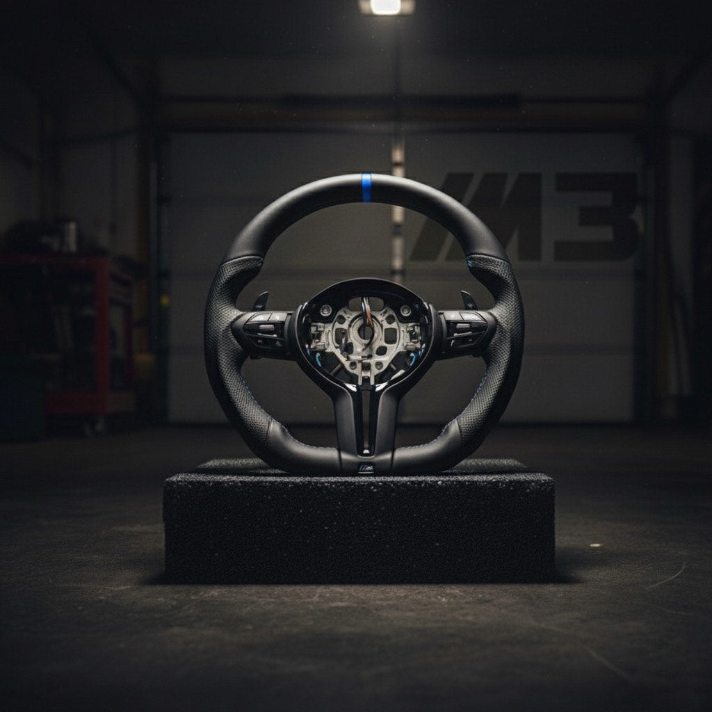 M3-Volant pour BMW M PERFORMANCE cuir perforé + repère central bleu