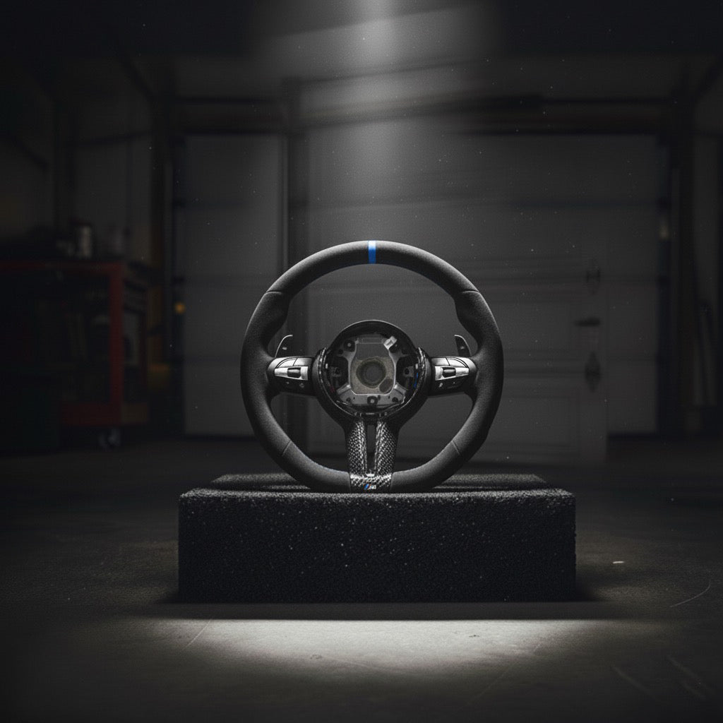 M3-Volant pour BMW cuir, alcantara et fibre de carbone + repère central bleu