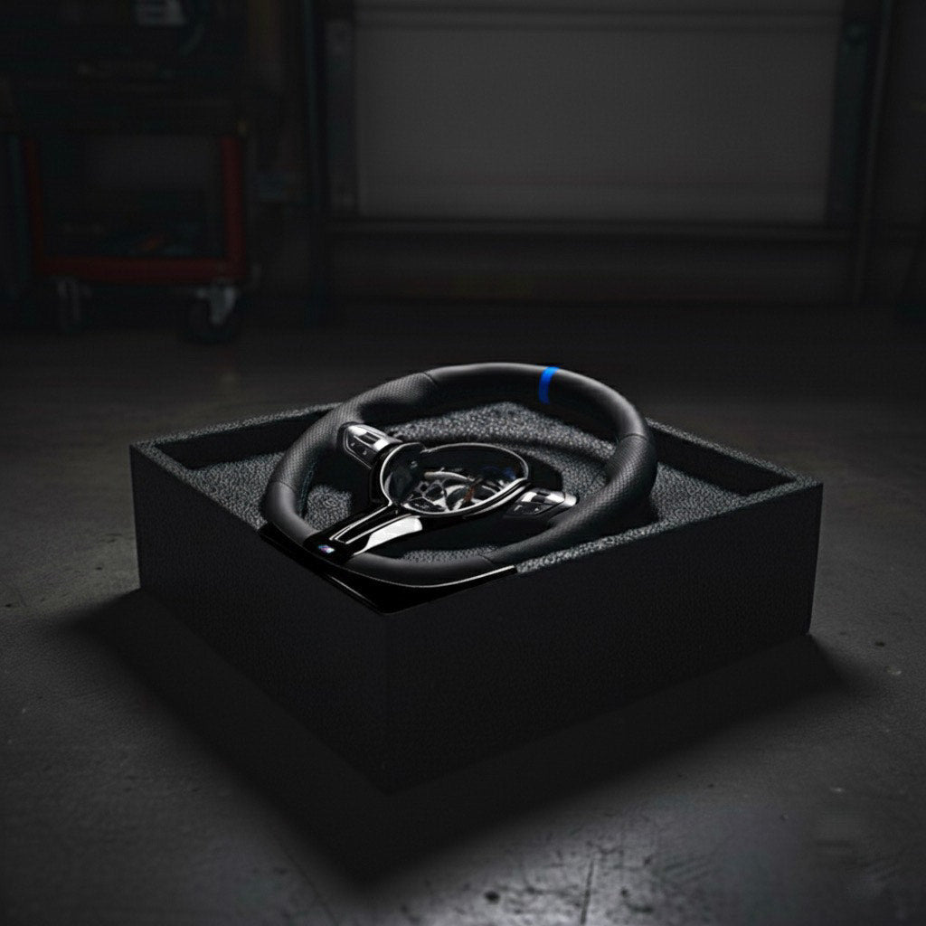 M3-Volant pour BMW M PERFORMANCE cuir perforé + repère central bleu