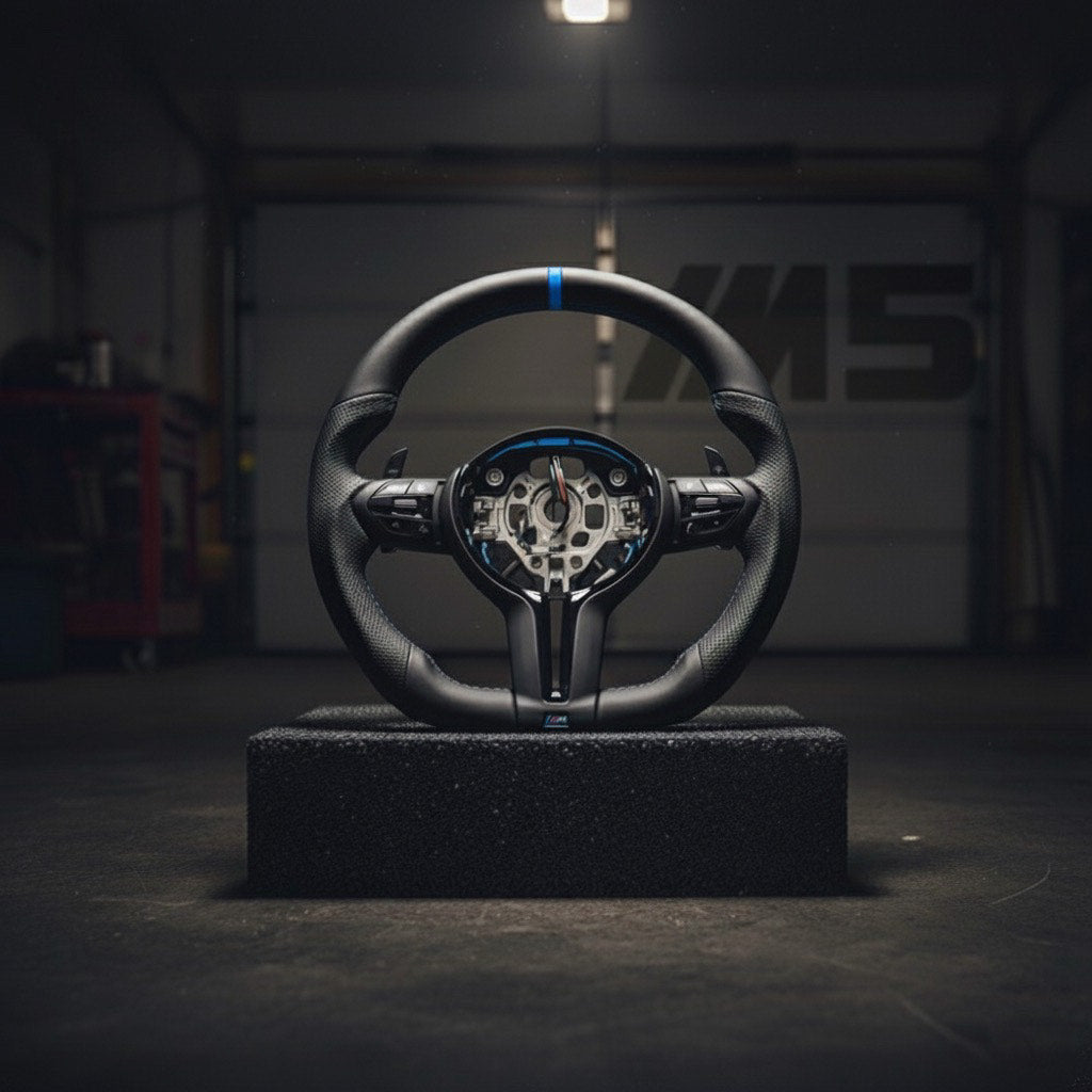 M5-Volant pour BMW M PERFORMANCE cuir perforé + repère central bleu