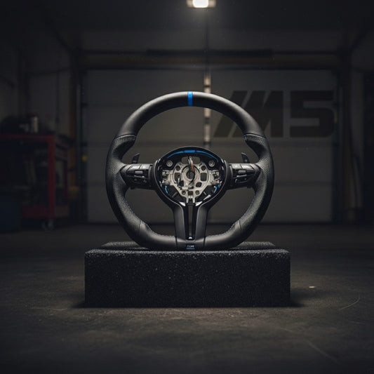 M5-Volant pour BMW M PERFORMANCE cuir perforé + repère central bleu