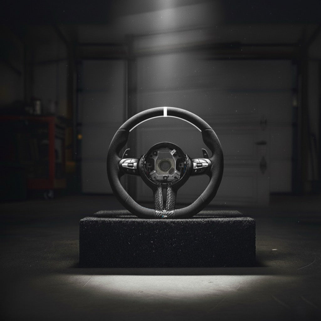 M3-Volant pour BMW cuir, alcantara et fibre de carbone + repère central blanc